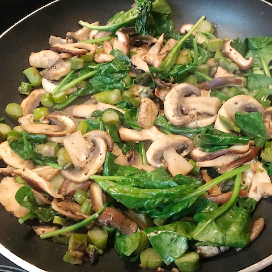 Gently sauté your filling in butter: agaricus white mushrooms, shiitake mushrooms, asparagus, spinach, salt, lemon pepper